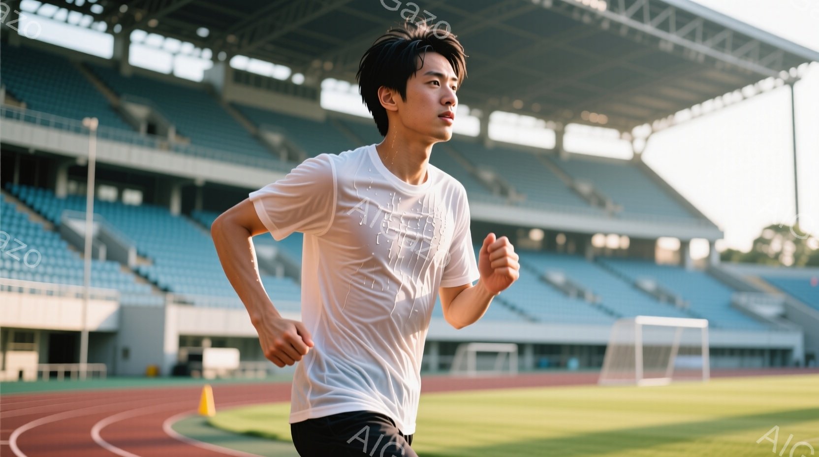 競技場を走る若い男性が写っている。彼は白いTシャツと黒い短パンを着用し、短髪で引き締まった表情をしている。背景には青い観客席と緑の芝生、そして晴天の空が広がり、活気とエネルギーに満ちた雰囲気を感じさせ - AI生成フリー素材