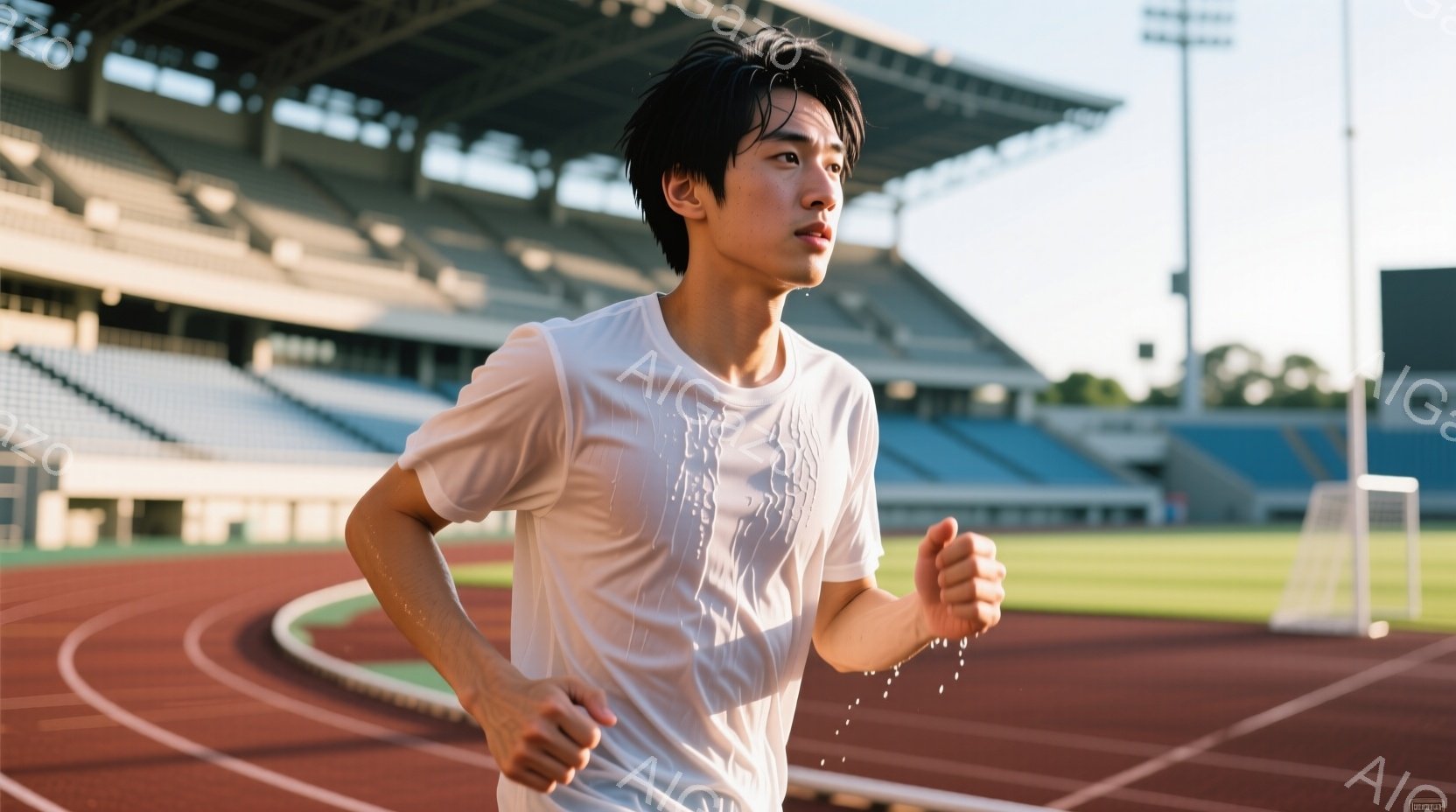 若い男性が競技場で走っている様子が写っている。白いTシャツを着ており、汗が滴っているのが見える。背景には観客席と緑の芝生、そして晴天の空が広がり、活気のある運動場の雰囲気が伝わってくる。 - AI生成フリー素材
