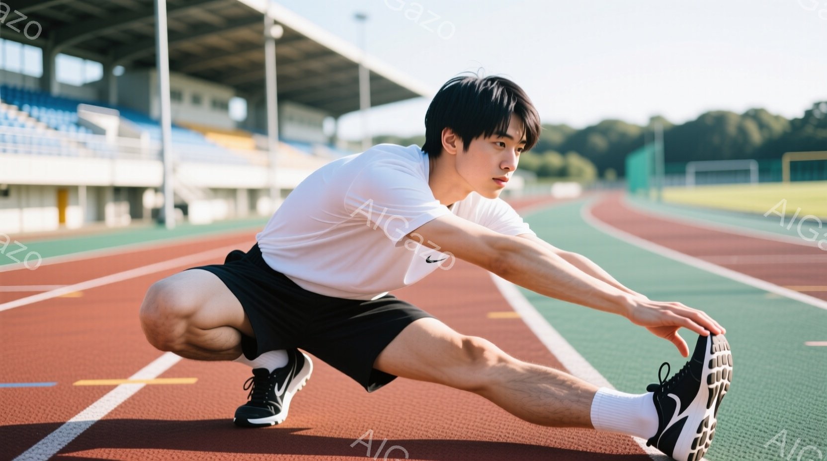 若い男性が陸上競技場のトラック上でストレッチをしている。白いTシャツと黒いショートパンツ、黒いランニングシューズを着用し、片足を後ろに伸ばして体を横に倒している。背景には観客席と緑豊かな木々が見え、晴 - AI生成フリー素材