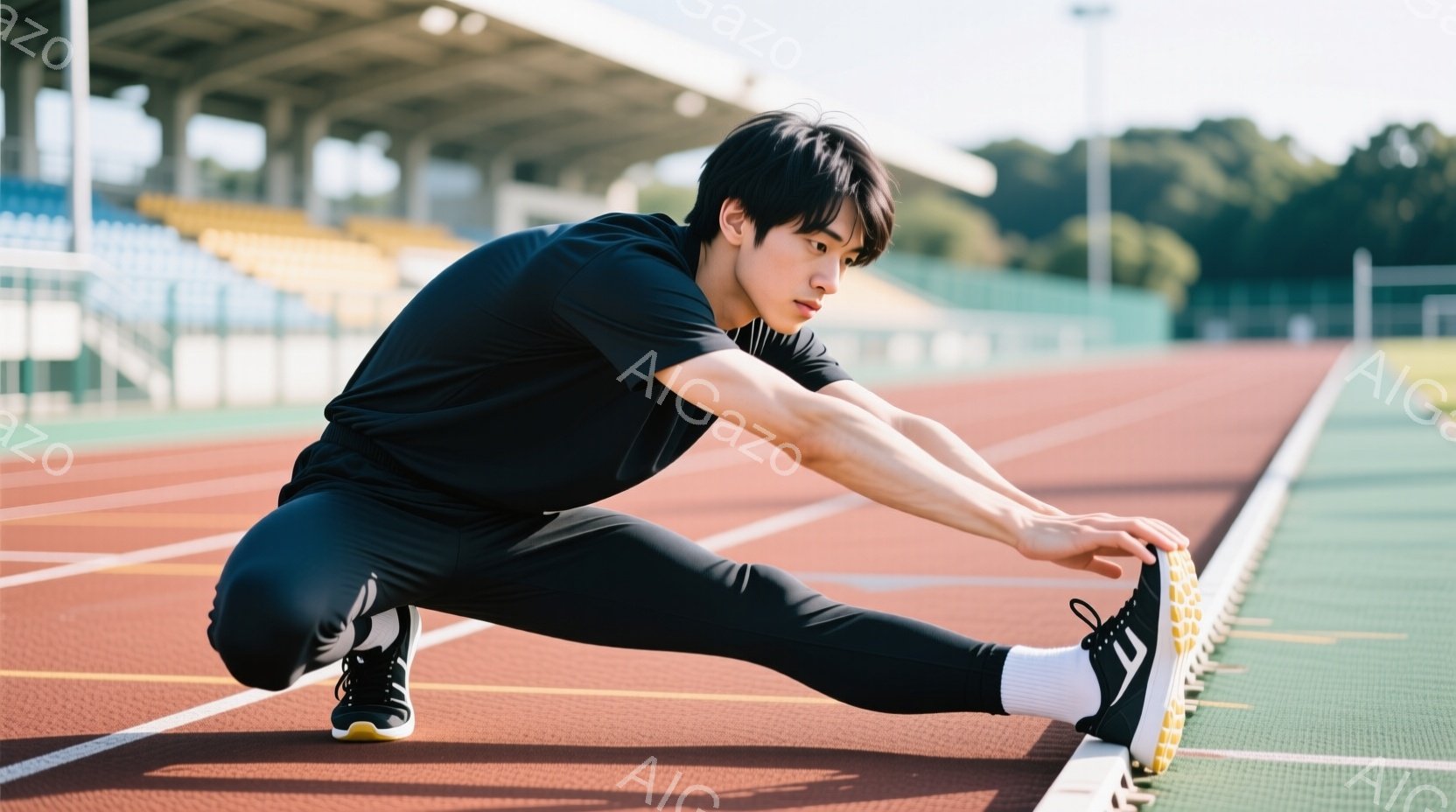 黒いトラックジャケットと黒いレギンスを着用した若い男性が、競技場のトラック脇でストレッチをしている。彼は片足を前に伸ばし、つま先に手を伸ばしている姿勢で、真剣な表情をしている。背景には観客席と緑豊かな木々が見え、晴れた日の屋外でのトレーニング風景を表している。