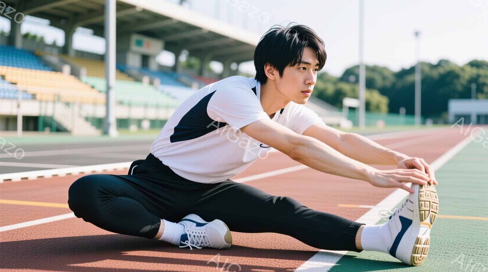 若い男性がトラックでストレッチをしている写真です。白のTシャツに黒のパンツ、スニーカーを履いており、黒髪を短く整えています。背景には観客席と緑豊かな木々が見え、晴天の下で運動する活気ある雰囲気が伝わってきます。