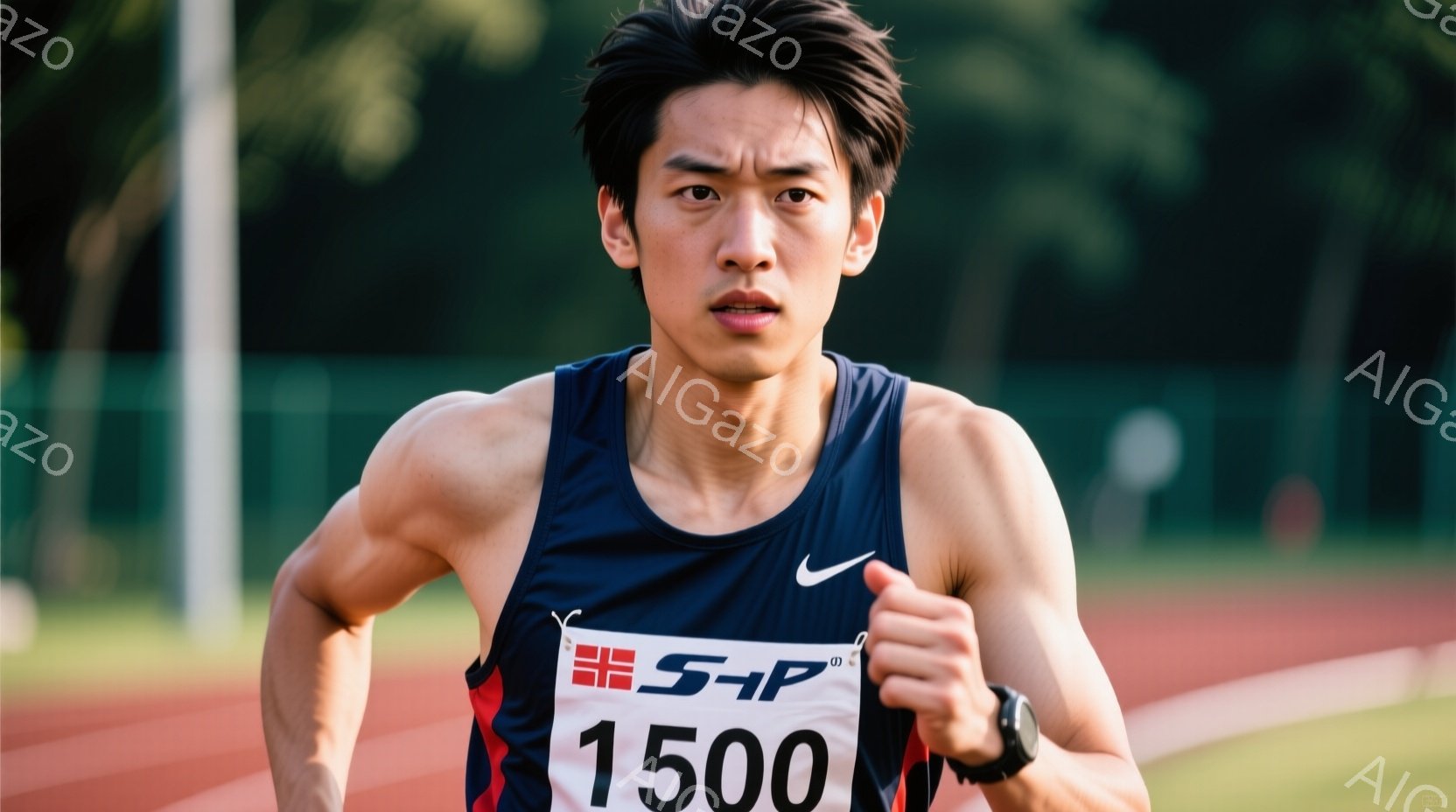 競技場のトラックを走る男性が写っている。黒いタンクトップと短パン姿で、胸には「S+P」と数字の「1500」が書かれたゼッケンをつけている。表情は真剣で、力強い走りを見せている。