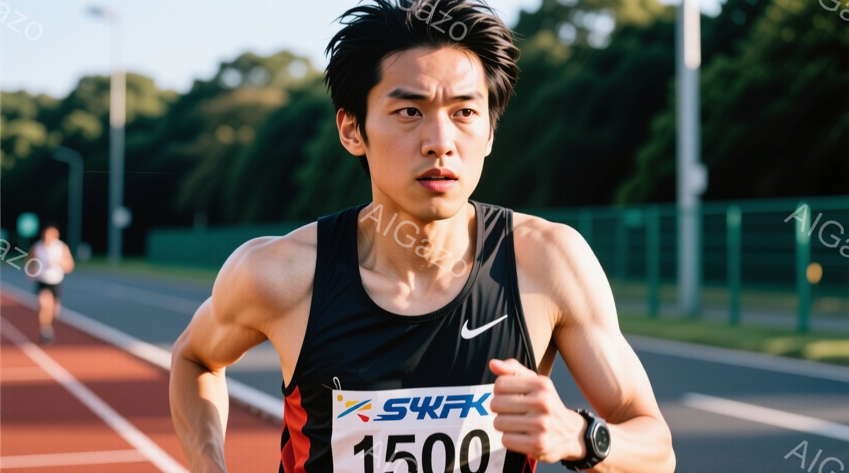 黒いタンクトップとランニングショーツを着た男性が、競技トラックを力強く走っている。彼の表情は真剣で、集中力に満ち溢れている。背景には緑豊かな木々と青空が広がり、明るい日差しが競技場を照らしている。