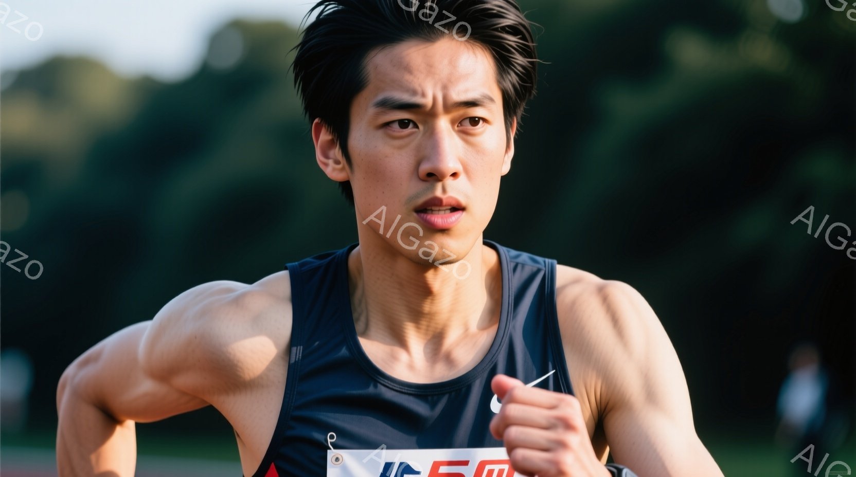 競技場のトラックを走る男性アスリートが写っている。彼は黒のタンクトップと短パンを着用し、額には汗が光り、集中した表情で前を見つめている。背景には緑豊かな木々とぼやけた観客席が見え、晴れた日の競技場の活 - AI生成フリー素材