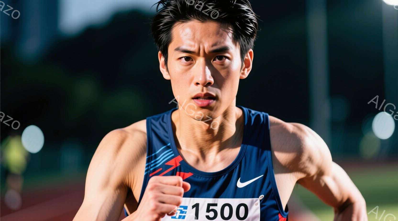 競技場のトラックを走る男性ランナーが写っている。彼は青色のタンクトップと短いパンツを着用し、顔には強い決意と集中が表れている。背景にはぼやけた緑の木々が見え、トラックの白線と夜間の照明が、競技の激しさを強調している。