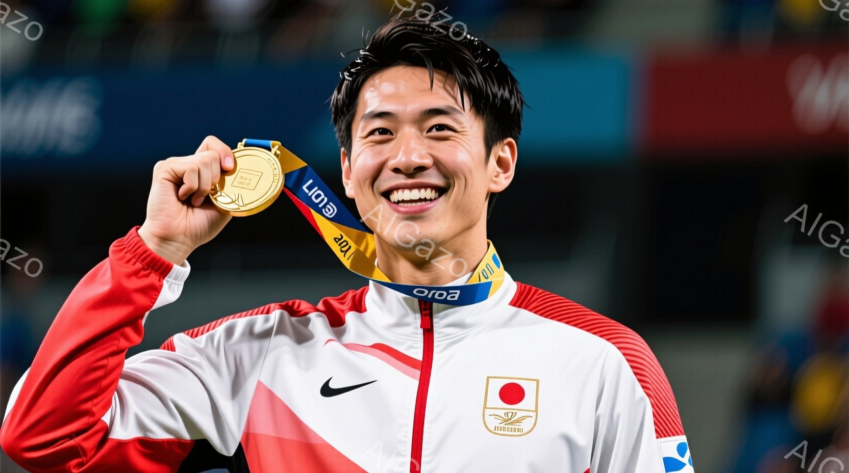 金メダルを首にかけて満面の笑みを浮かべる若い男性アスリートです。彼は赤と白のジャケットを着用し、短く整えられた黒髪が特徴的です。背景には、ぼやけた観客席と競技場の様子が見え、勝利の喜びと達成感を強く感 - AI生成フリー素材