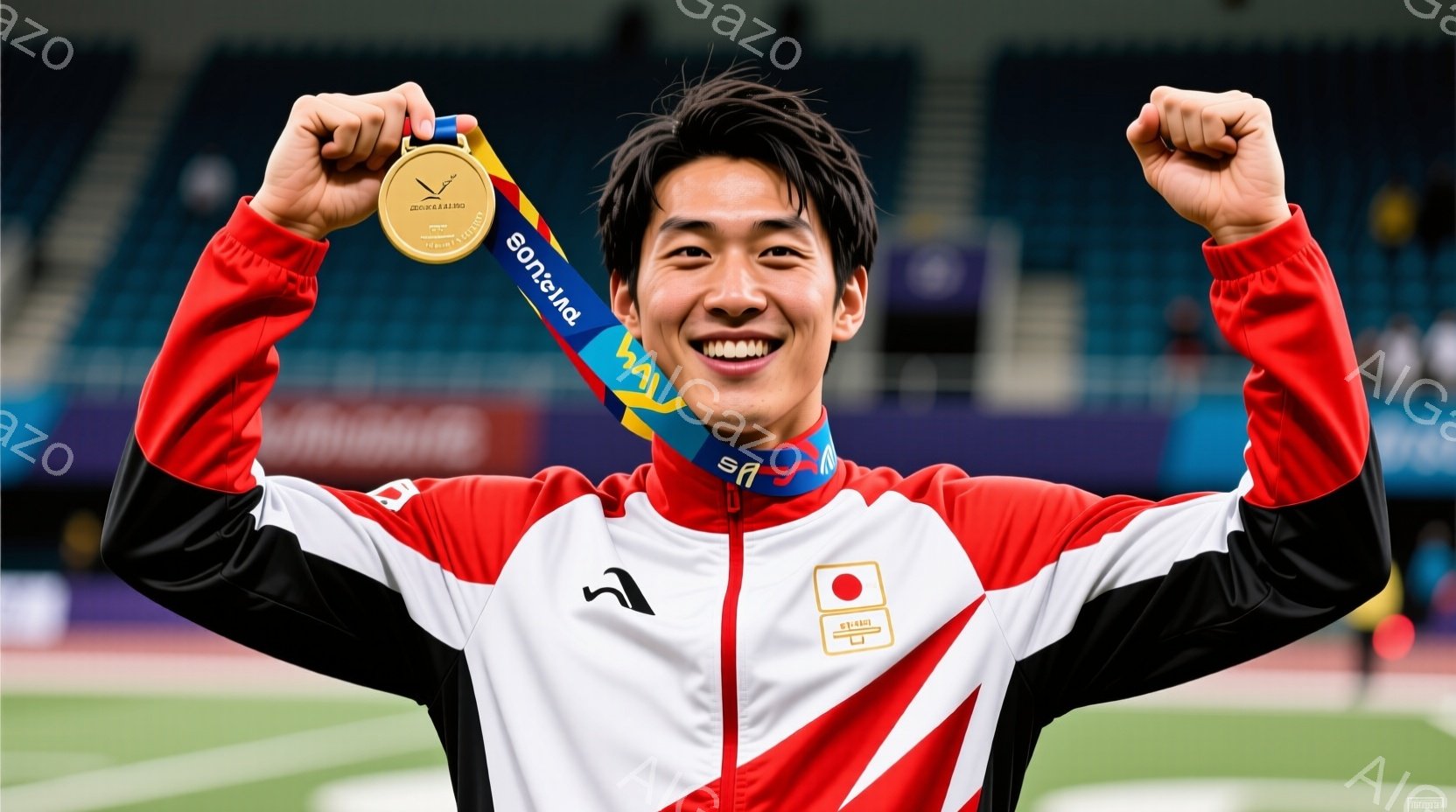 競技場で、日本のユニフォームを着た若い男性が、金メダルを掲げ、満面の笑みを浮かべています。黒髪を短く整え、赤いジャケットと黒のズボンを着用し、力強く腕を曲げています。背景には観客席と、競技場の屋根が見 - AI生成フリー素材