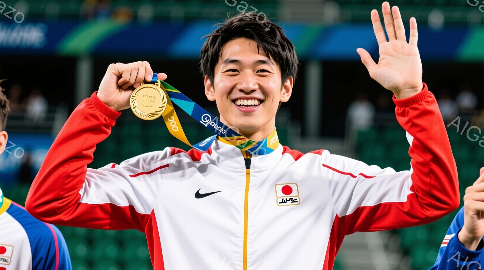 日本の選手がメダルを首から下げ、満面の笑みを浮かべて手を振っています。赤いジャケットに白いシャツを着ており、短髪で活発な印象を与えます。背景には観客席と建物が見え、競技会場の活気と喜びが伝わってきます。