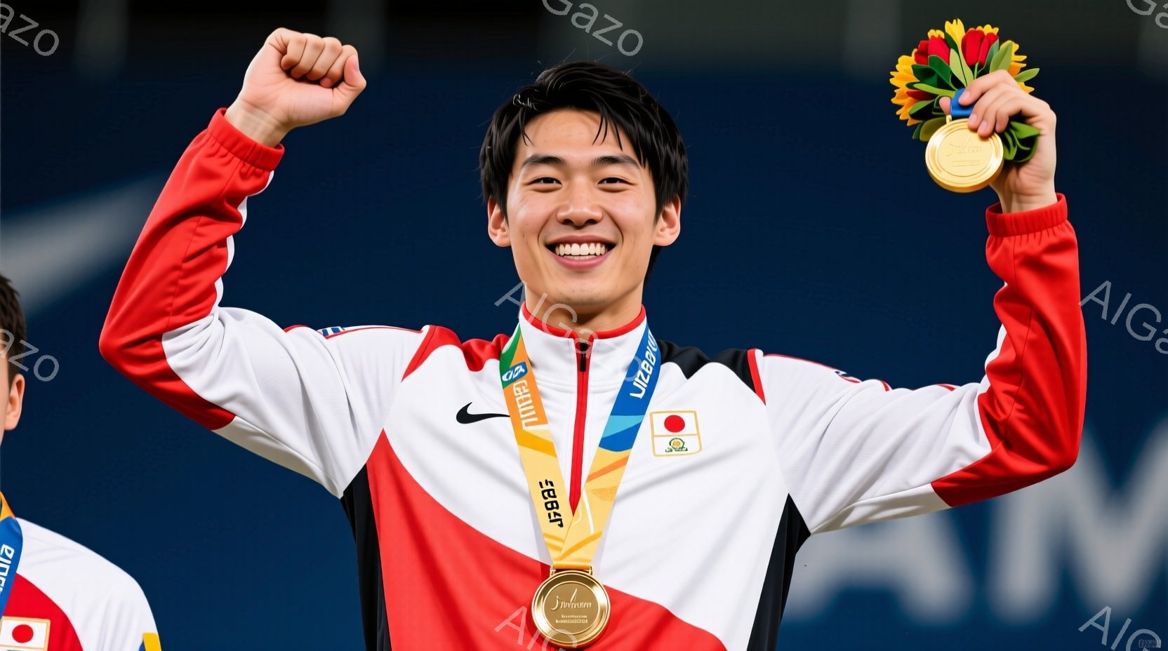 若い男性アスリートが、日本代表のユニフォーム（赤と白のジャケット）を着用し、金メダルと花束を手に高く掲げています。彼は満面の笑みを浮かべ、勝利の喜びを表現しており、髪型は短く整えられています。背景には - AI生成フリー素材