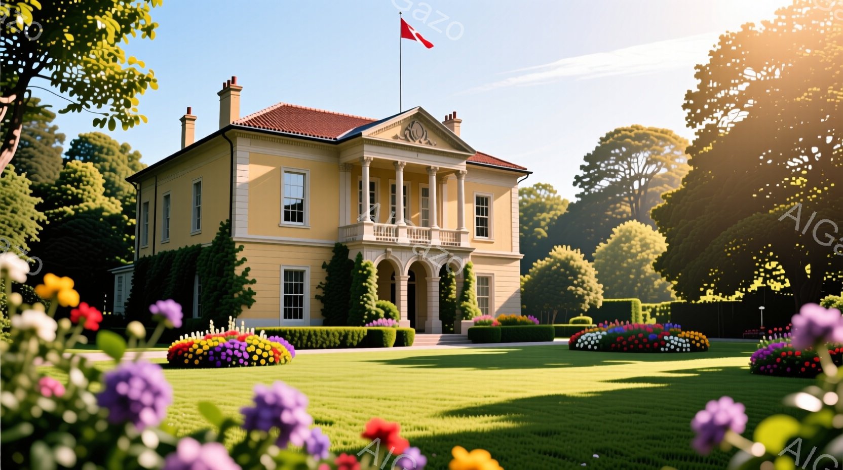 鮮やかな緑の芝生に囲まれた、明るい黄色の二階建ての建物が印象的です。建物の正面には柱が並び、屋根は赤瓦で覆われています。手入れの行き届いた庭には、色とりどりの花壇があり、背景には緑豊かな木々が広がっています。