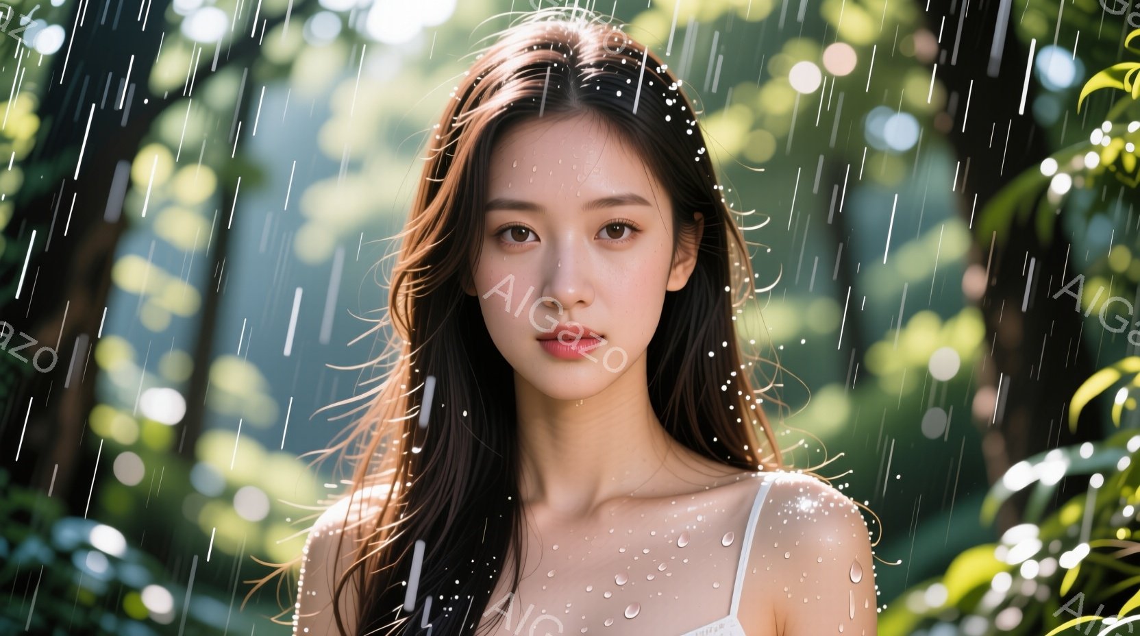 長い黒髪をほどこし、白い肩出しのトップスを着た女性が写っています。雨粒が彼女の髪や肌に当たり、幻想的な雰囲気を醸し出しています。背景は緑豊かな木々で、雨が降る自然の中で静かに佇む姿が印象的です。