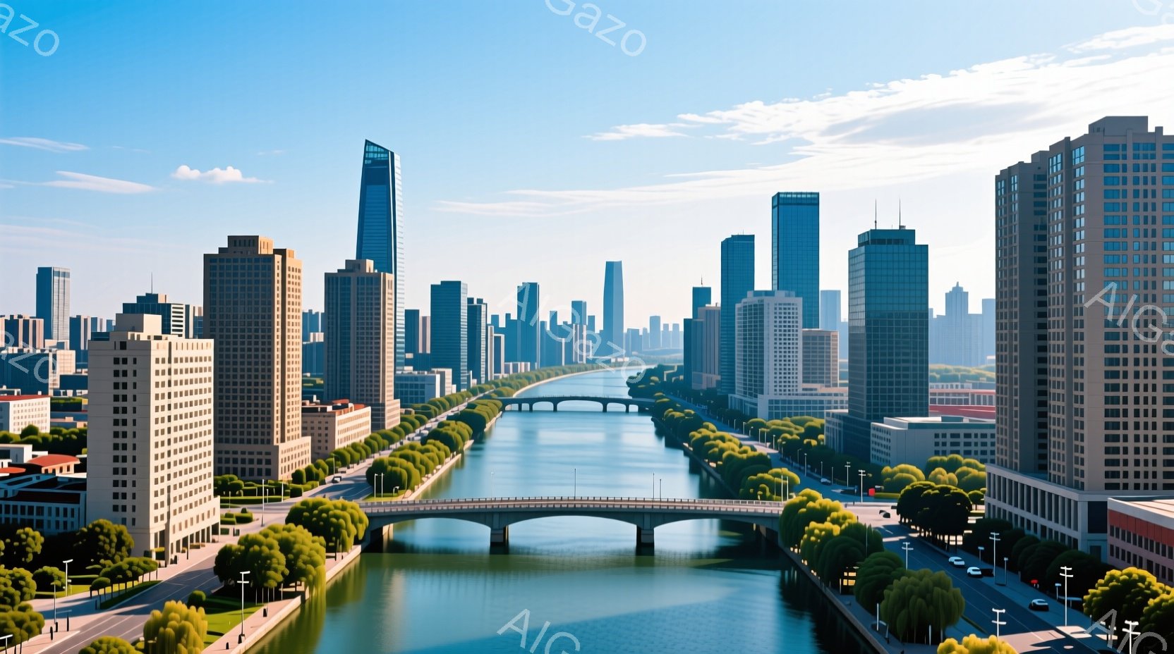 広大な都市の風景が広がり、川がその中心を流れている。両岸には整然と並んだ高層ビル群があり、緑豊かな木々が川沿いに並んでいる。空は晴れ渡り、穏やかな日差しが降り注ぎ、静かで平和な雰囲気を作り出している。 - AI生成フリー素材