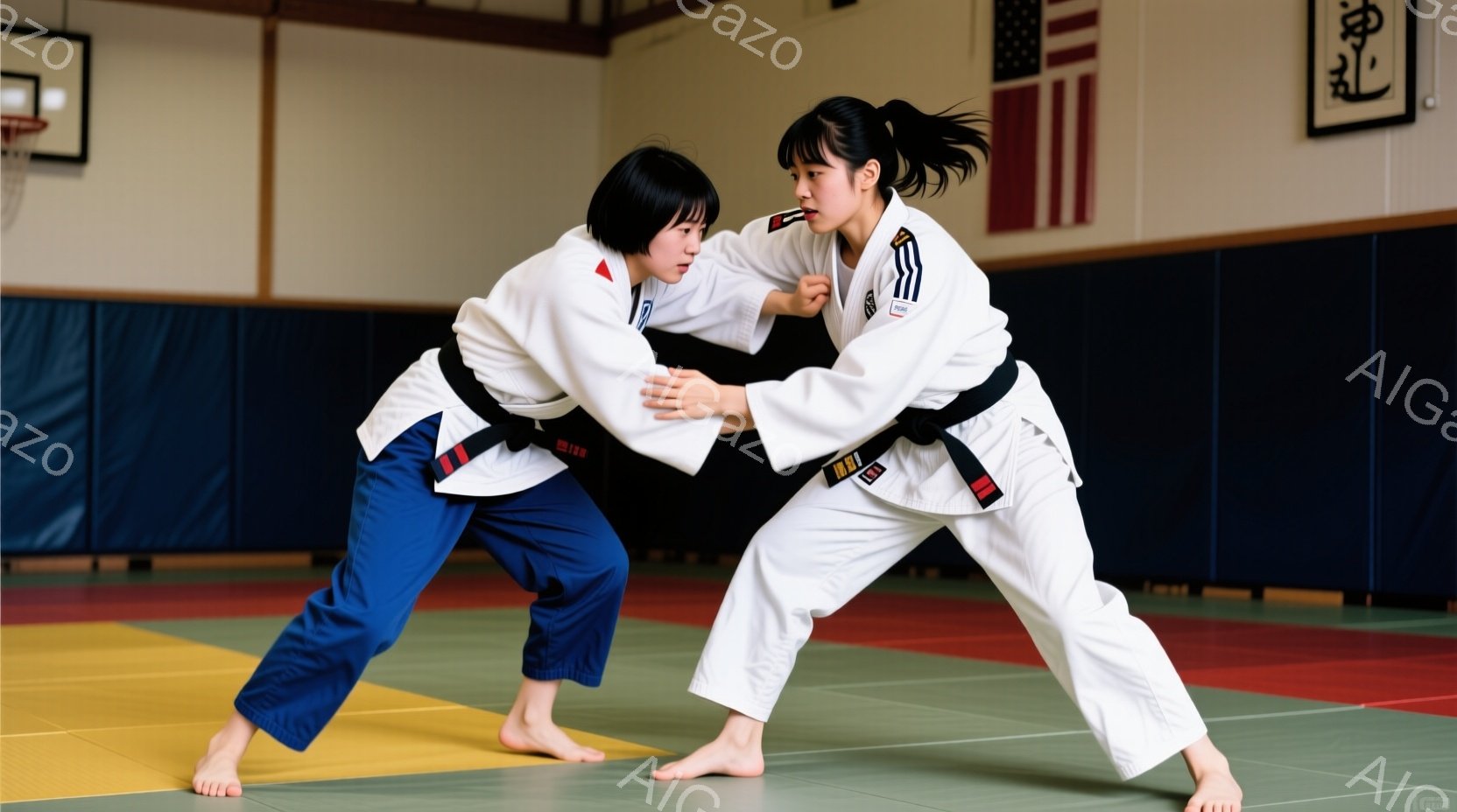 柔道着を着用した二人の女性が、畳の上で組み合いを行っています。一人は青色の柔道着、もう一人は白色の柔道着を着ており、集中した表情で互いに組み付いています。背景には壁があり、柔道の練習場であることが分かります。