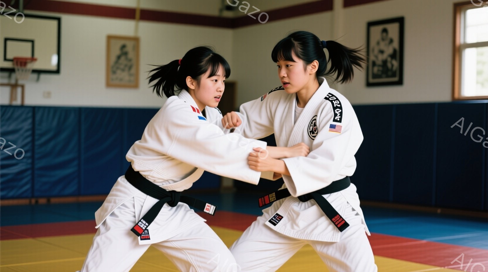 二人の女性が柔道着を着て、畳の上で組み合っている様子が写っている。彼女たちは黒帯で、髪は後ろで束ねており、集中した表情で相手と向き合っている。背景には、壁に掛けられた絵や柔道の練習場であることがわかる畳の床が見える。