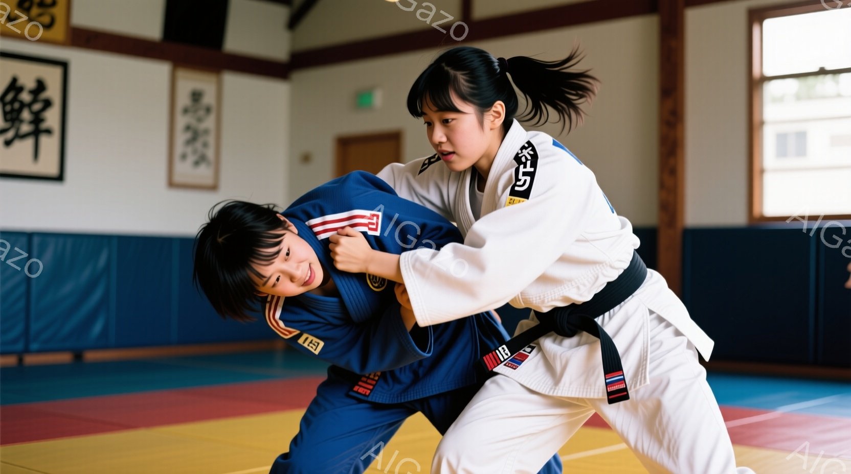 柔道着を着た二人の少女が激しい組み合いをしている様子が写っている。青色の柔道着の少女は床に膝をつき、防御の姿勢をとっているが、白色の柔道着の少女は相手を抑え込もうとしており、表情は真剣そのもの。背景には、畳の柔道場と書道掛け軸が確認でき、集中したトレーニングの雰囲気が伝わる。