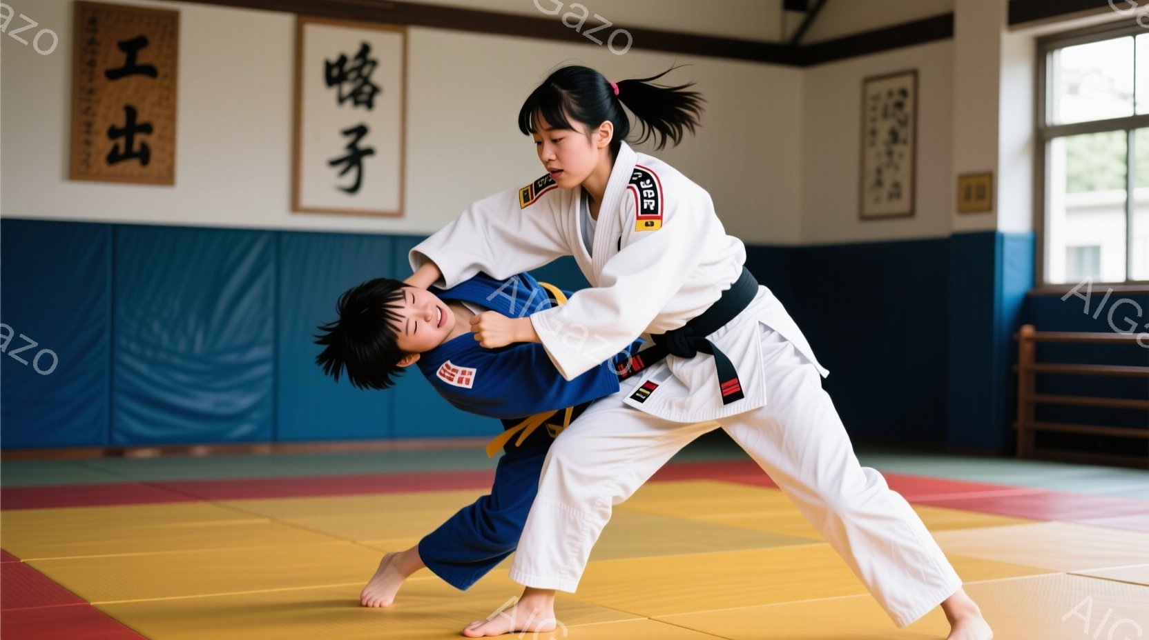 柔道着を着た若い女性と少年が柔道の練習をしている様子が写っています。女性は白い柔道着に黒帯を締め、髪を後ろで束ねています。少年は青い柔道着を着ており、女性に抱え込まれるようにして抵抗しています。