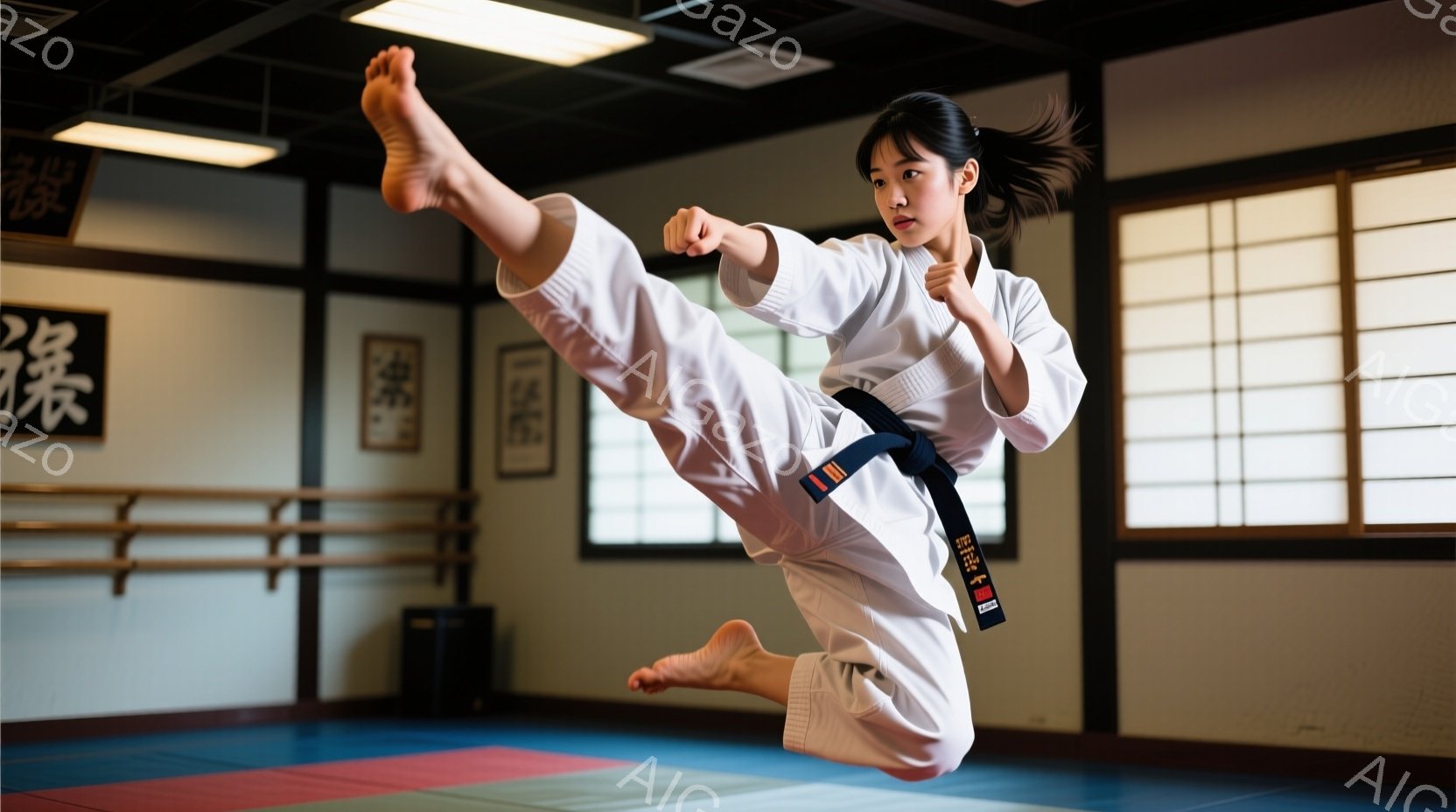 空手着を着た女性が、空中で高く足を上げ、蹴りを繰り出している姿が捉えられています。黒い帯が締まっており、真剣な表情で集中している様子が伺えます。背景には畳の部屋と壁に掛けられた書道作品が見え、伝統的な道場のような雰囲気です。