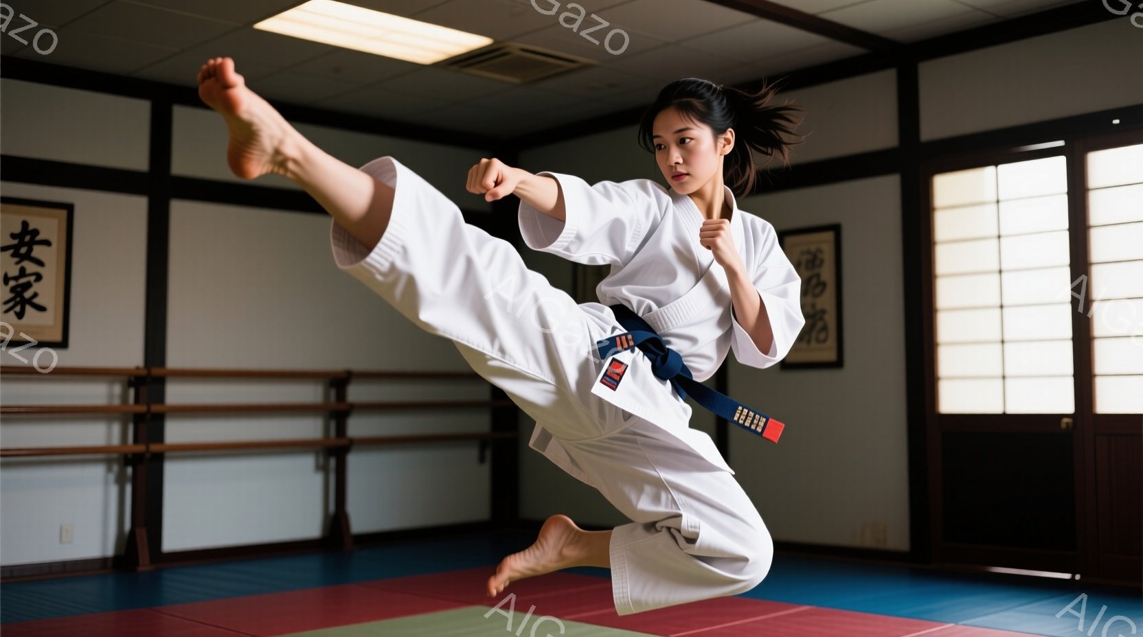 空手着を着た若い女性が、空中で前蹴りを繰り出している様子が写っている。彼女は黒帯で、髪を高く結んでいる。背景には畳と壁があり、簡素な道場であることがわかる。 - AI生成フリー素材