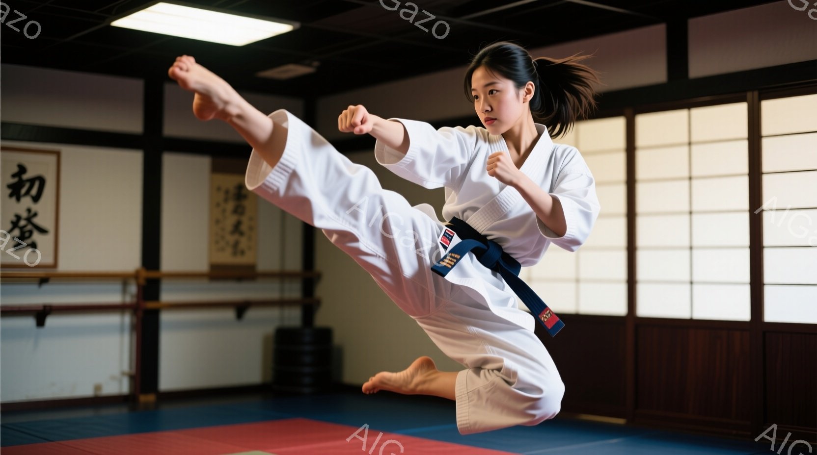白い柔道着に黒帯を締めた女性が、空中で高く足を上げ、跳躍しています。彼女は真剣な表情で、集中した眼差しで技を繰り出しています。背景には畳の道場と掛け軸が見え、集中と鍛錬の雰囲気が漂っています。 - AI生成フリー素材