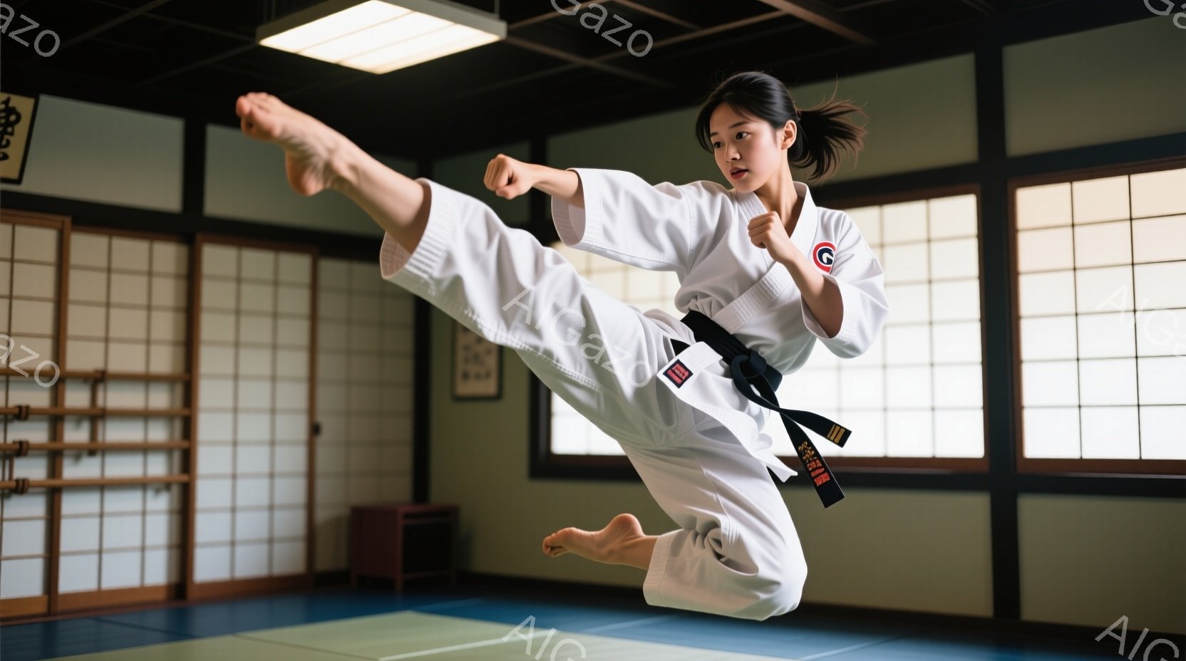 空手着を着た女性が、空中での蹴り技を披露しています。彼女は黒帯で、髪は後ろでまとめています。背景は伝統的な日本の武道場であり、畳の床と障子戸が見え、集中と静寂の雰囲気が漂っています。