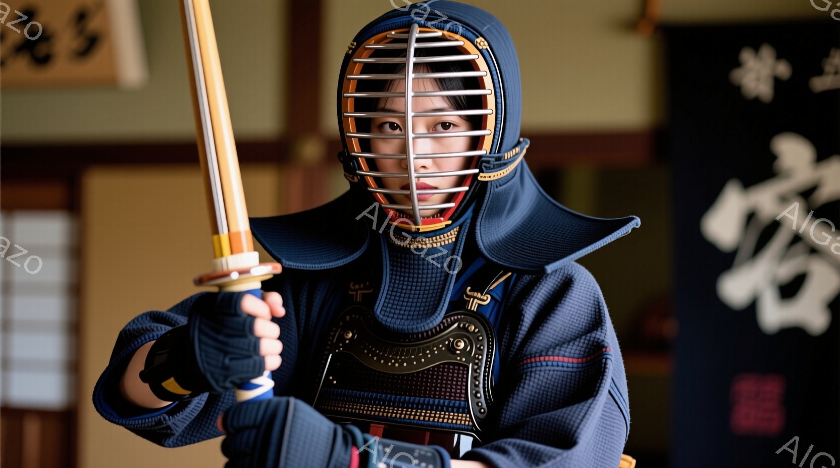 少年は剣道の防具を身に着け、竹刀を構えています。紺色の道着に赤い紐がアクセントとして加わり、面、胴、小手、垂れが整然と装着されています。背景にはぼやけた書道や襖が見え、伝統的な武道の雰囲気を醸し出しています。