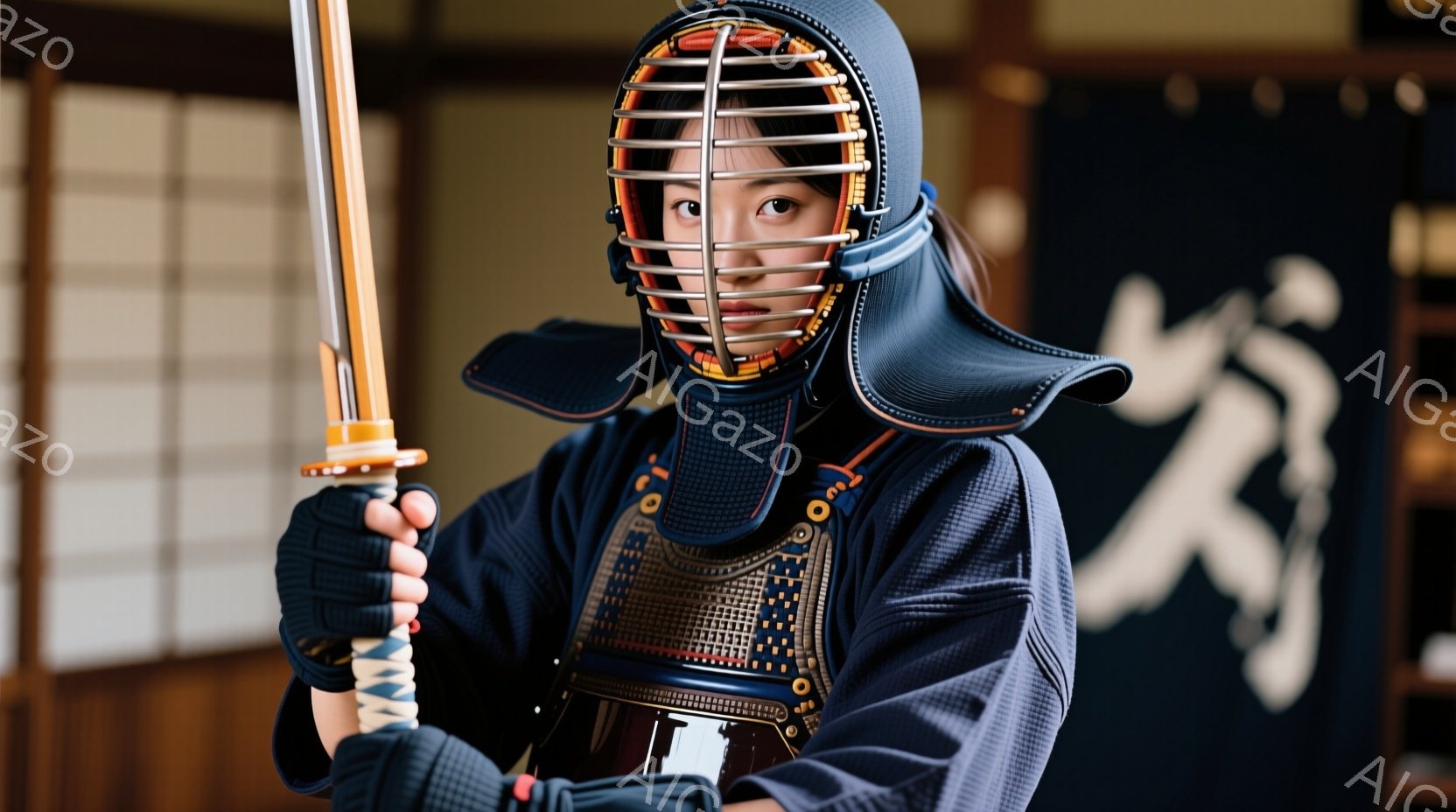 剣道着と防具を身につけた女性が写っています。彼女は面を着用し、真剣を握って構え、力強く、集中した表情をしています。背景には、日本の書道のような模様が描かれた暗い青色の壁があり、武道場の雰囲気を醸し出しています。