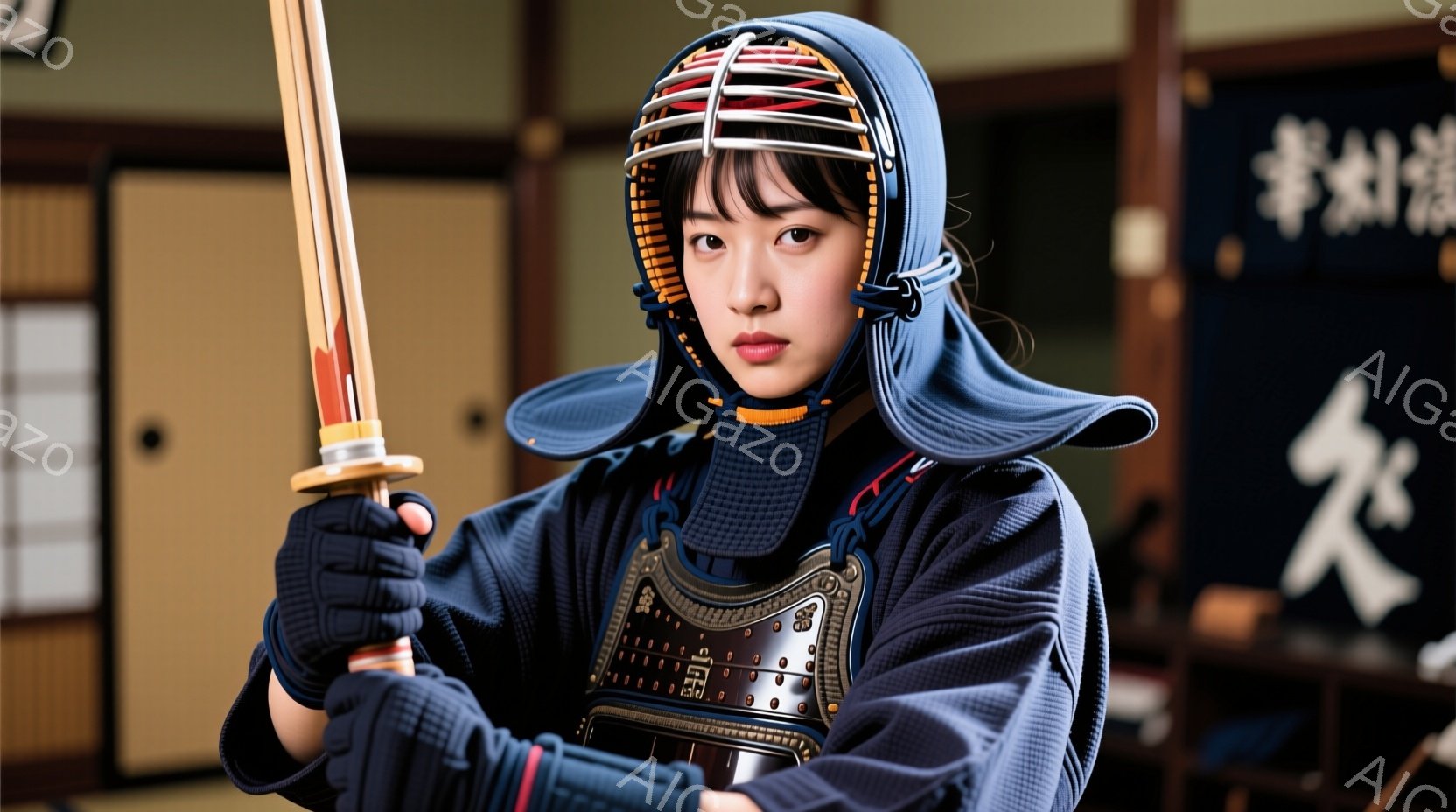 少女は剣道の防具を身につけ、竹刀を構えている。黒い前髪と、少しだけ見える赤い唇が印象的で、真剣な眼差しで正面を見据えている。背景には畳の部屋と、書道のような文字が描かれた掛け軸が見え、武道の精神を感じさせる雰囲気が漂っている。