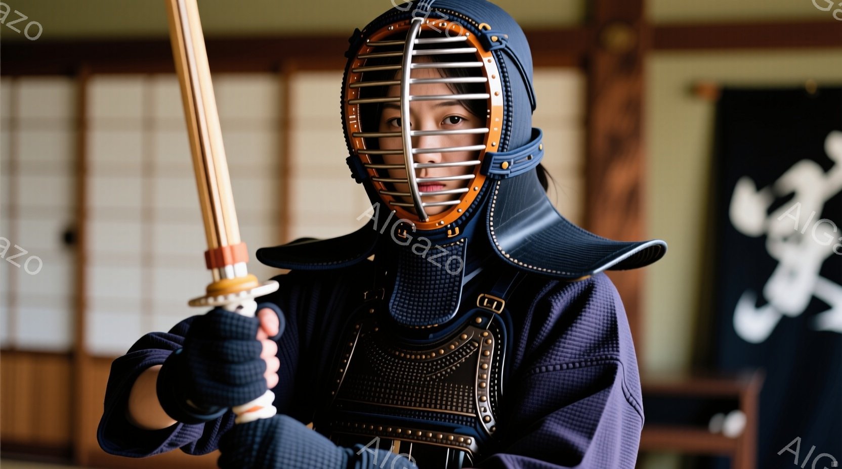 黒色の防具と藍色の着物を身につけた女性が、竹刀を構えながらこちらを見ている。彼女は鉢巻で髪をまとめ、面を被っているため表情はほとんど見えないが、目は鋭く、集中している様子がうかがえる。背景には木製の壁 - AI生成フリー素材