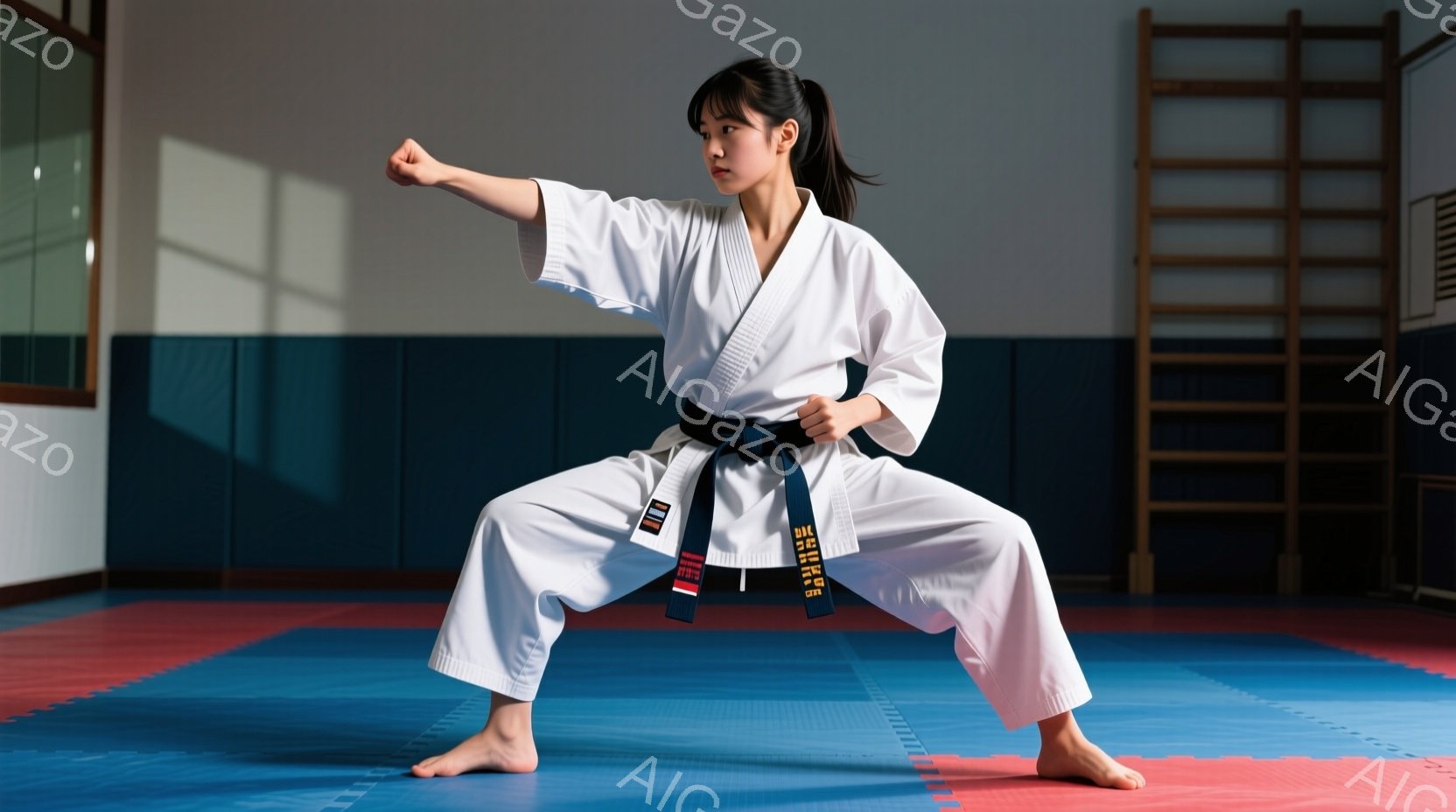 白い柔道着に黒帯を締めた女性が、柔道の構えで膝を曲げ、右手を前に突き出したポーズをとっています。彼女は黒髪を後ろで一つにまとめ、真剣な表情で視線を一点に集中させています。背景は青と赤の柔道マットで、壁 - AI生成フリー素材