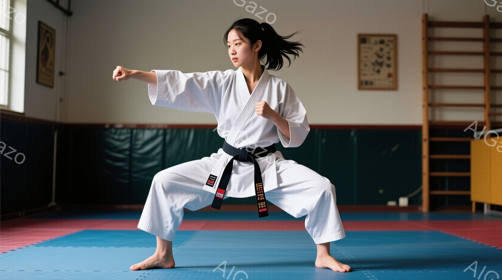 空手着を着た女性が、青い武道場のマットの上で構えをとっています。彼女は黒帯を締め、髪はポニーテールにしており、集中した表情で左手を前に突き出した構えをとっています。背景には壁と、柔道の練習用と思われる木製の器具が見え、練習に励む静かな雰囲気が漂っています。