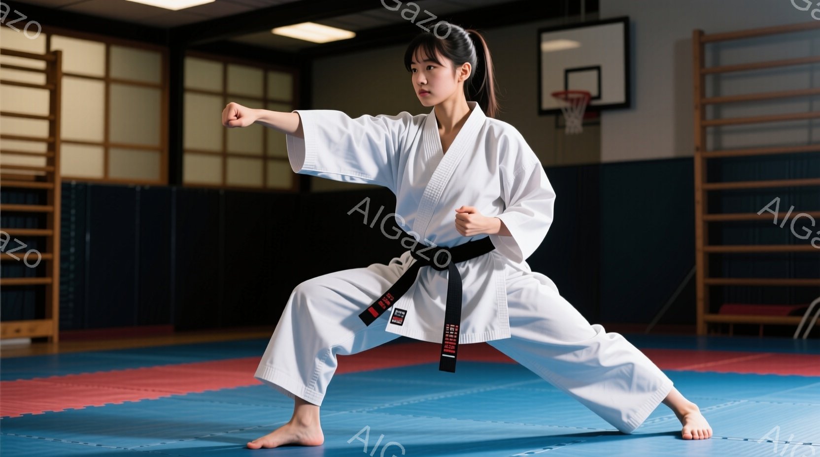 白い柔道着に黒帯を締めた女性が、体育館のような場所で構えを取っています。髪は後ろで一つにまとめられ、力強い表情で腕を伸ばして何かを防御するような姿勢です。床は赤と青のマットで、背景にはトレーニング用の器具やバスケットボールゴールが見えます。