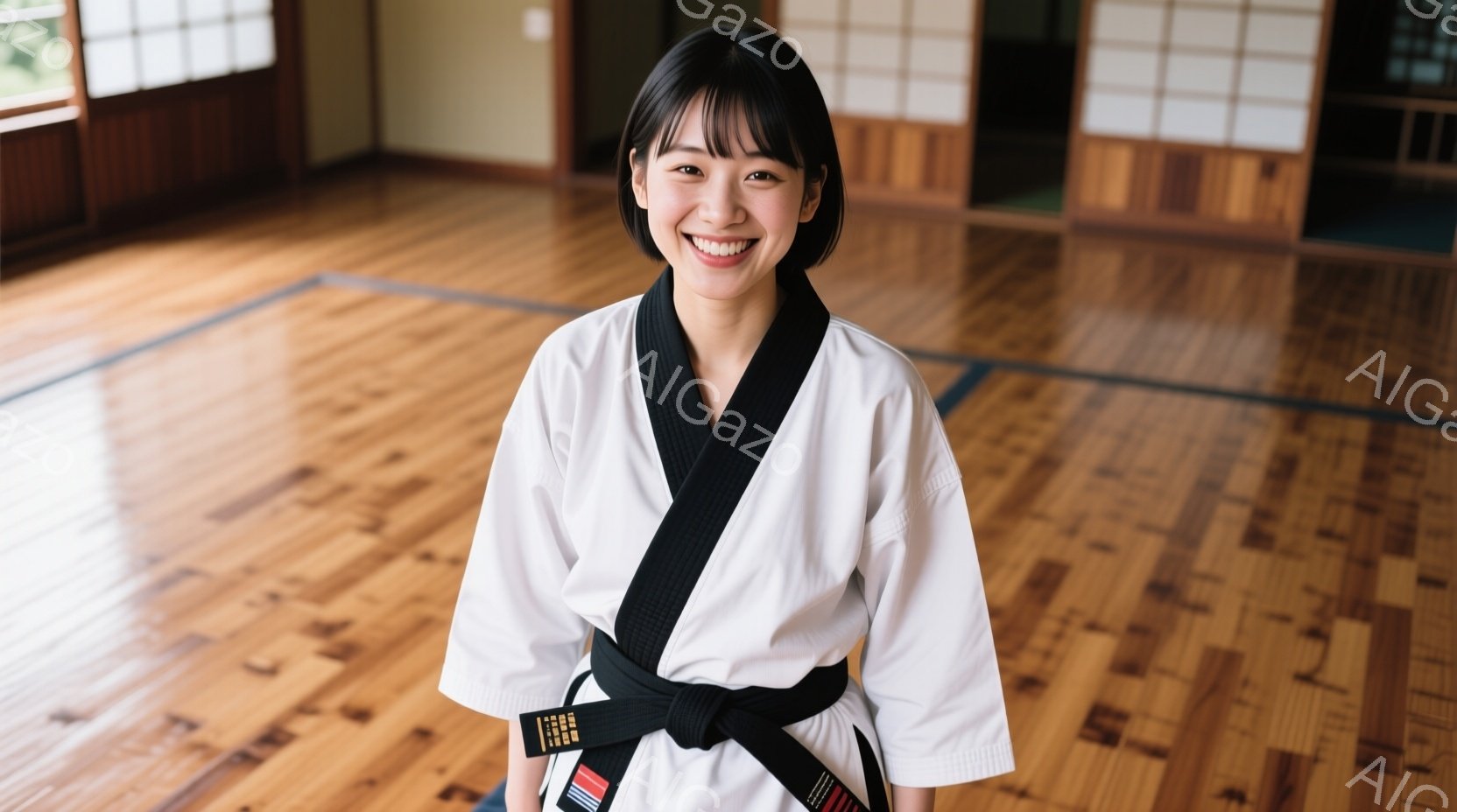 白い柔道着を着た若い女性が、黒帯を締めて正面を向いています。彼女は微笑んでおり、髪は短く、前髪が額にかかっています。背景は畳敷きの武道場であり、木製の柱と壁が確認でき、穏やかで集中した雰囲気です。