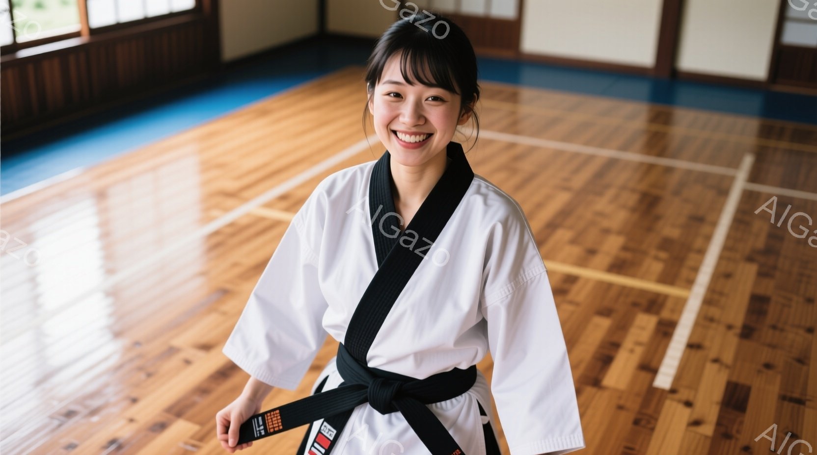 黒帯を締めた若い女性が、柔道着姿で正面を向いて立っている。彼女は微笑んでおり、自信に満ちた表情をしている。背景は木製の床と壁で、柔道場のような室内で、明るく清潔な雰囲気が感じられる。