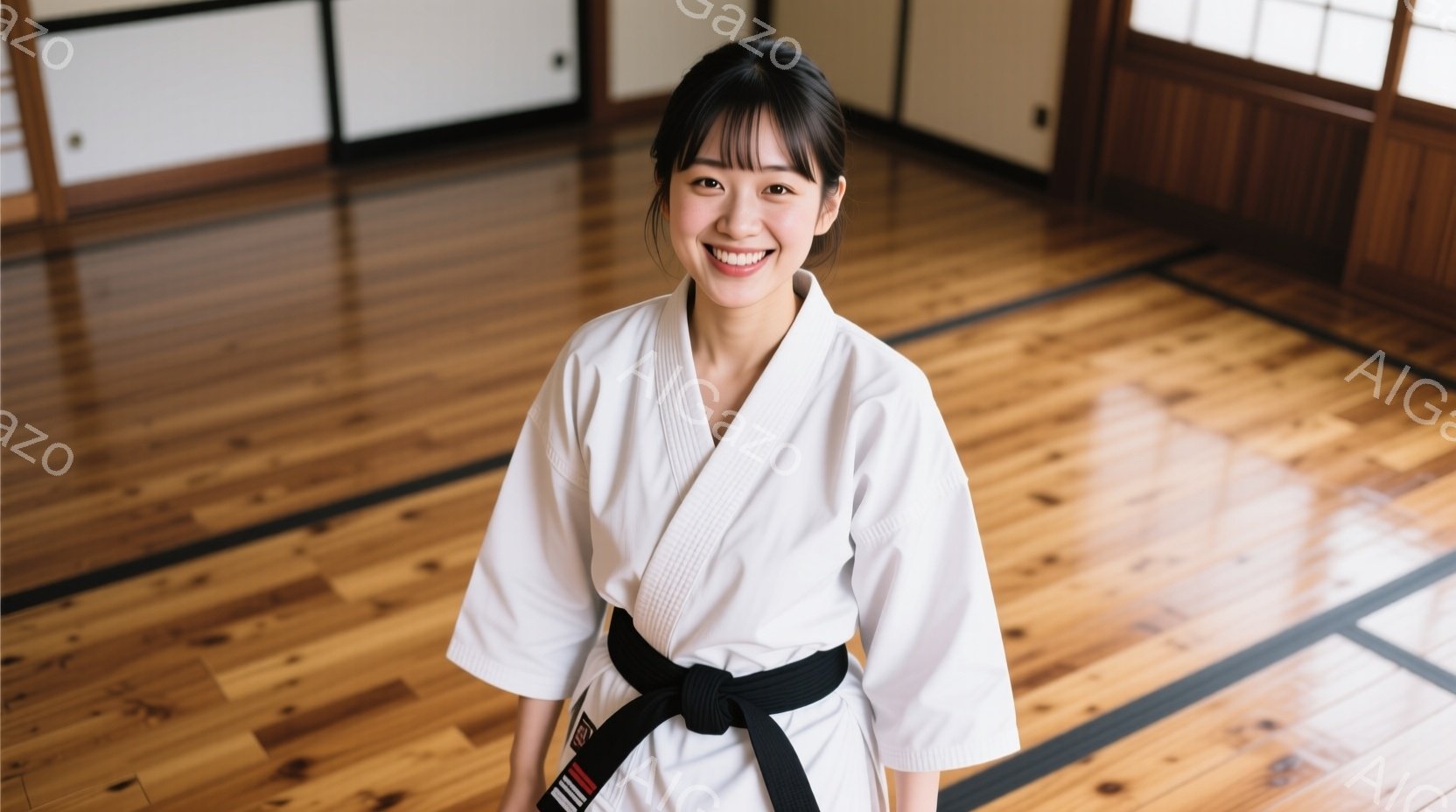 白い柔道着に黒帯を締めた若い女性が、明るい柔道場で微笑んでいます。彼女は肩を少し落とし、リラックスした姿勢で正面を向いており、髪は短くカットされ、顔の横に流れています。背景は木製の床と畳敷きの柔道場であり、全体的に清潔で明るい雰囲気です。