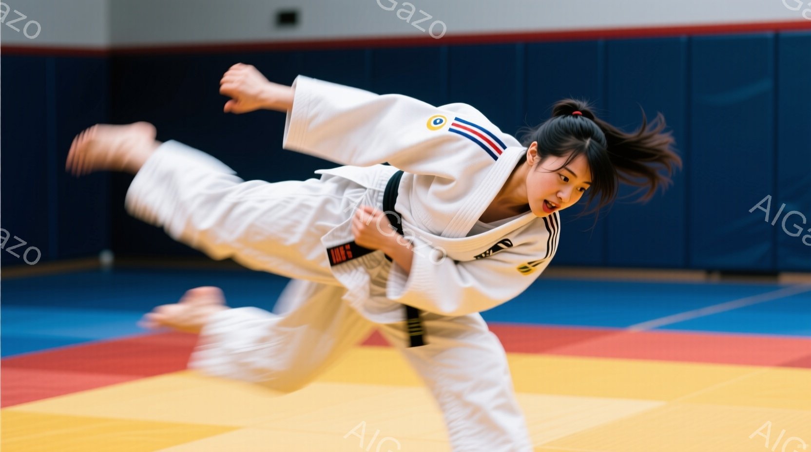 白い柔道着に黒帯を締めた女性が、空中で技を繰り出している瞬間を捉えた写真です。彼女は髪を高く結い、力強い表情で技に集中しています。背景は柔道の畳で、青と黄色の配色が特徴的です。
