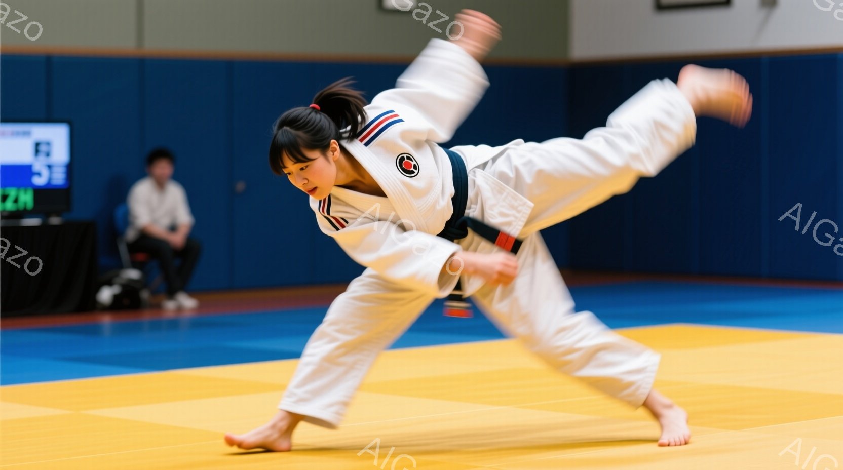 空手着を着た若い女性が、柔道マットの上でダイナミックな動きを見せています。彼女は黒帯で、髪はポニーテールに結ばれており、集中した表情をしています。背景には、座っている人物と柔道の試合で使われるようなスコアボードが見え、競技場のような雰囲気です。