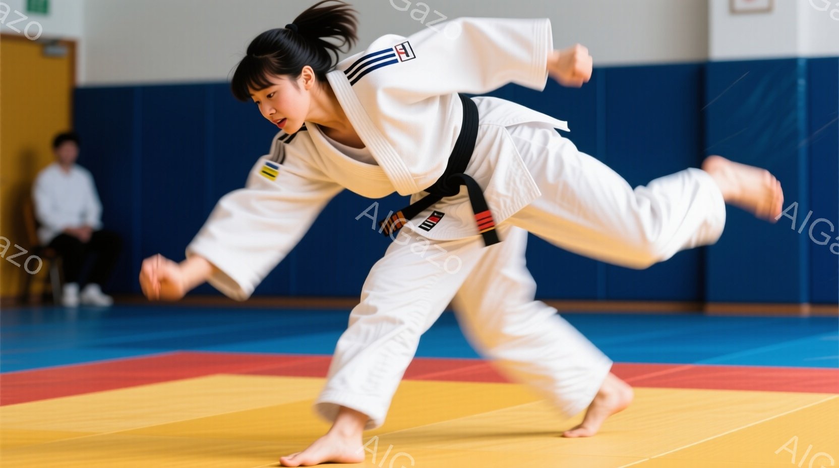 空手着を着た少女が、青と赤の畳の上で勢いよく技を出している。髪はポニーテールにされ、集中した表情で片足を大きく上げてバランスを取っている。背景は体育館のような室内で、わずかに他の人物が見えるが、焦点は技を繰り出す少女に当てられている。