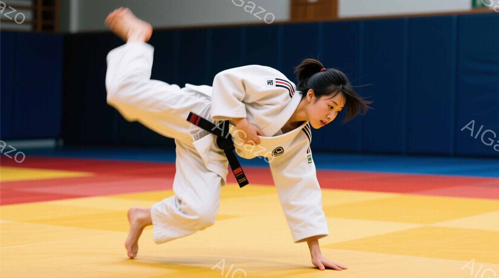 白い柔道着に黒帯を締めた女性が、畳の上で技の練習をしているところです。彼女は片足を高く上げ、体を前に倒した構えで、集中した表情をしています。背景は鮮やかな色の柔道用マットで、練習場の一室であることがわかります。