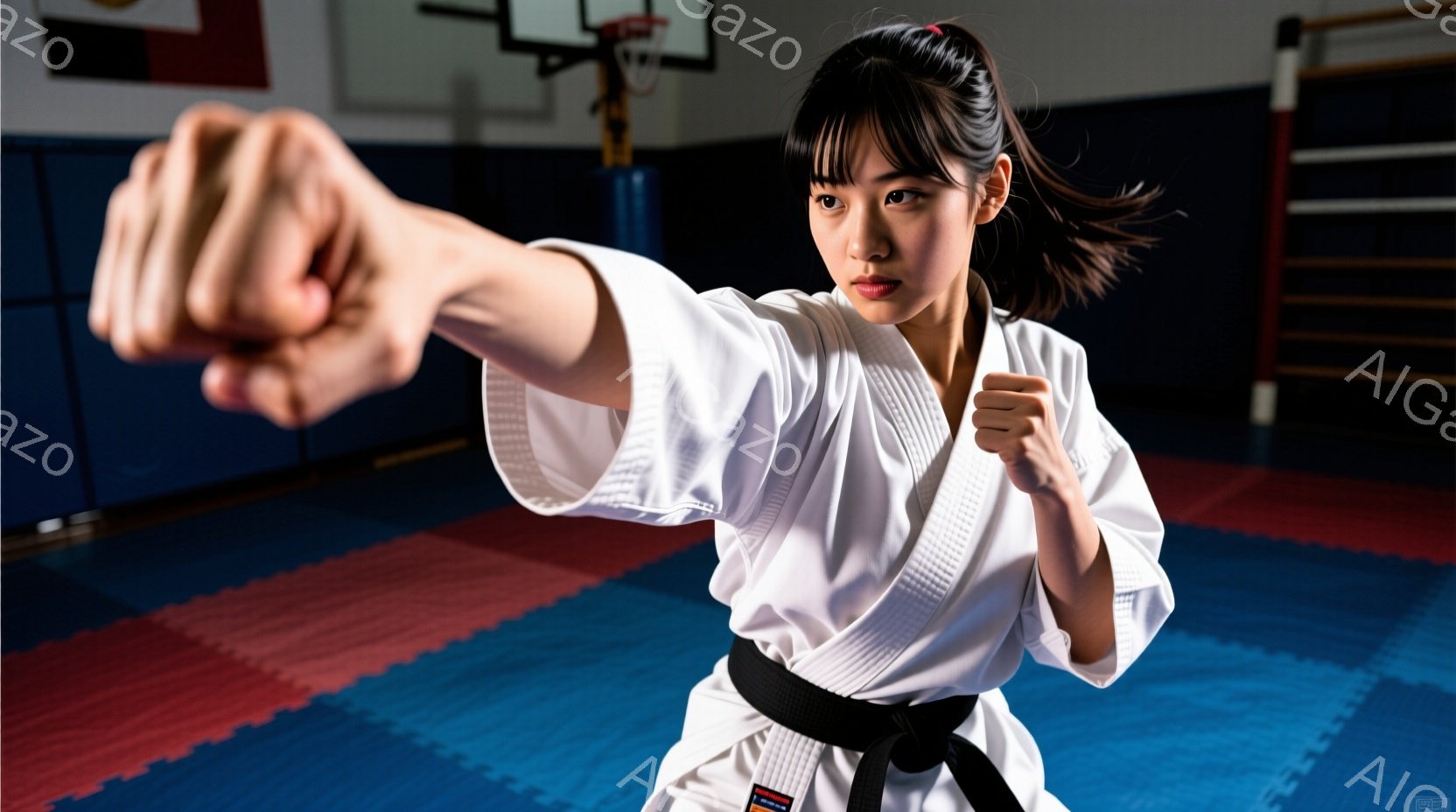 黒帯の柔道着を着た若い女性が、強い表情で突きを繰り出しています。髪は高く結ばれ、動きやすさを重視しているようです。背景は柔道場のような畳の敷きが広がり、壁にはバスケットゴールが見えることから、体育館の - AI生成フリー素材