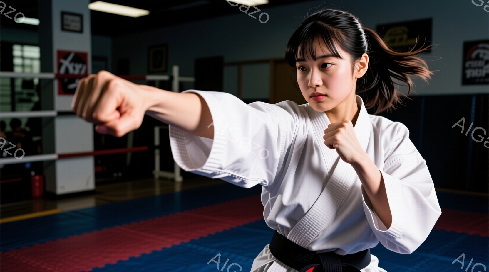 黒帯を締めた白い柔道着姿の女性が、構えで右拳を突き出しています。彼女はポニーテールにしており、真剣な表情で集中した様子が伺えます。背景は武道の練習場のような畳のフロアで、壁には武道の旗やポスターが飾ら - AI生成フリー素材