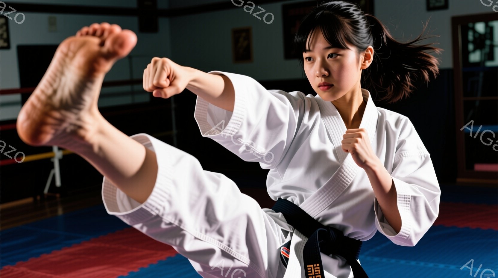 空手着を着た女性が、片足を高く上げ、空中で蹴る動作をしています。彼女は黒い帯をしており、髪は後ろでポニーテールに結ばれています。背景は空手道場のような畳敷きのスペースで、壁に掛け軸が見えます。