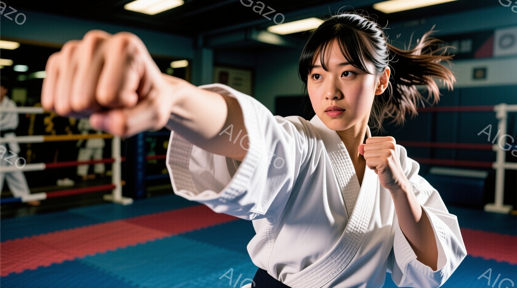 空手着を着た女性が、構えを取って右ストレートを繰り出そうとしています。彼女は黒髪をポニーテールにし、力強い表情で一点を見据えています。背景にはボクシングリングと他の練習生が見え、スポーツジムの活気ある雰囲気が感じられます。