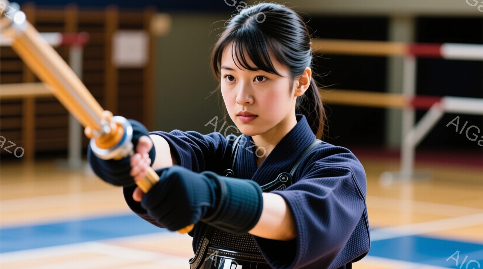 紺色の剣道着を着用した若い女性が、竹刀を構えて正面を見据えています。彼女は黒髪をハーフアップにし、眉間に皺を寄せ、真剣な表情を浮かべています。背景には、体育館のような空間が広がり、木製の壁と床が見えま - AI生成フリー素材