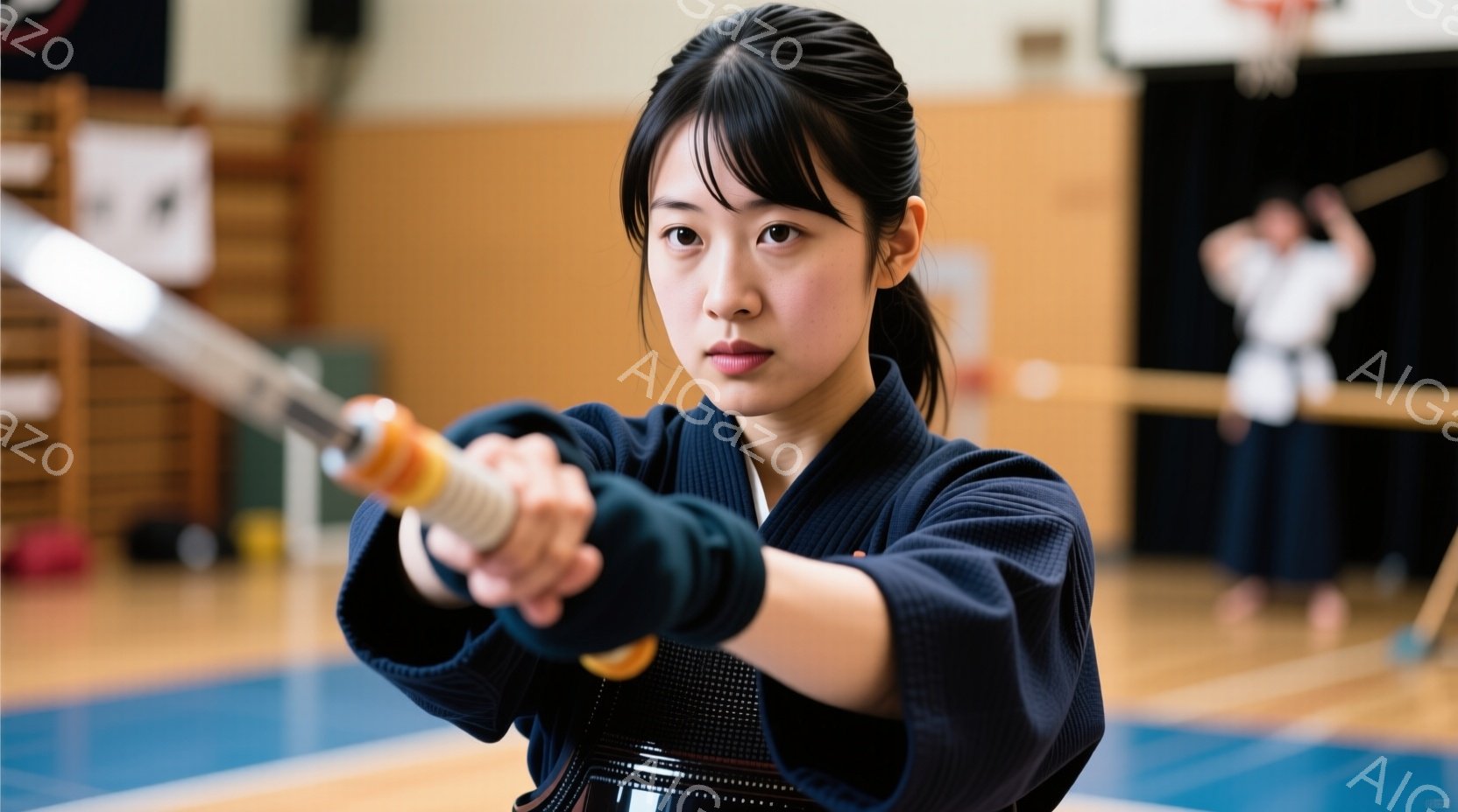 黒髪をポニーテールにした若い女性が、剣道用の竹刀を構えています。青色の道着と黒色の袴を着用し、真剣な表情で正面を見据えています。背景には体育館のような室内で、ぼやけた背景に別の人物が練習している様子が見えます。