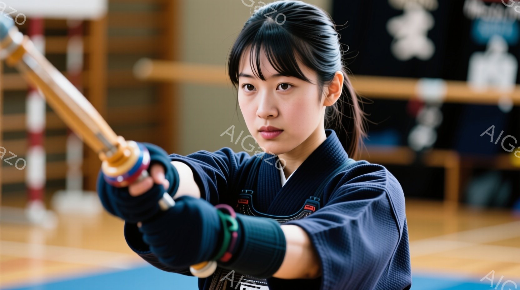 黒髪をポニーテールにした若い女性が、剣道を練習している様子が写っています。紺色の道着と黒の袴を身につけ、真剣な表情で構え、一本の竹刀を両手でしっかりと握っています。背景には、畳敷きの武道場と、ぼんやりと見える壁や道具が見え、集中した雰囲気です。