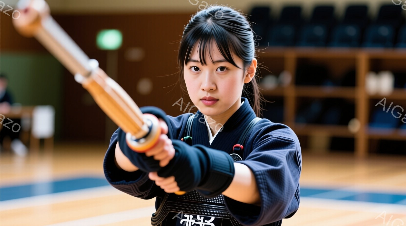 紺色の剣道着を着用した若い女性が、竹刀を前に突き出しています。彼女は黒いヘアバンドで髪をまとめ、真剣な表情で一点を見据えています。背景には木製の床と壁があり、剣道場のような室内で練習に励んでいる様子が伺えます。