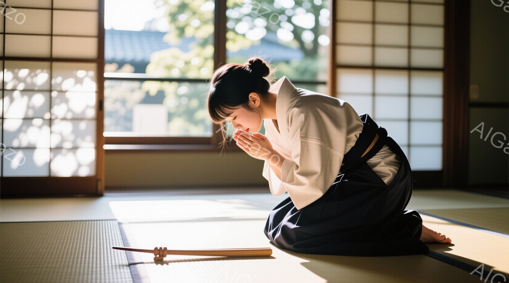 紺色の着物と白い羽織を身に着けた女性が正座し、両手を合わせて祈るようにしています。背景には畳敷きの部屋と障子窓が見え、窓の外には緑豊かな木々が広がっています。穏やかで静謐な雰囲気が漂い、女性は何かを深 - AI生成フリー素材