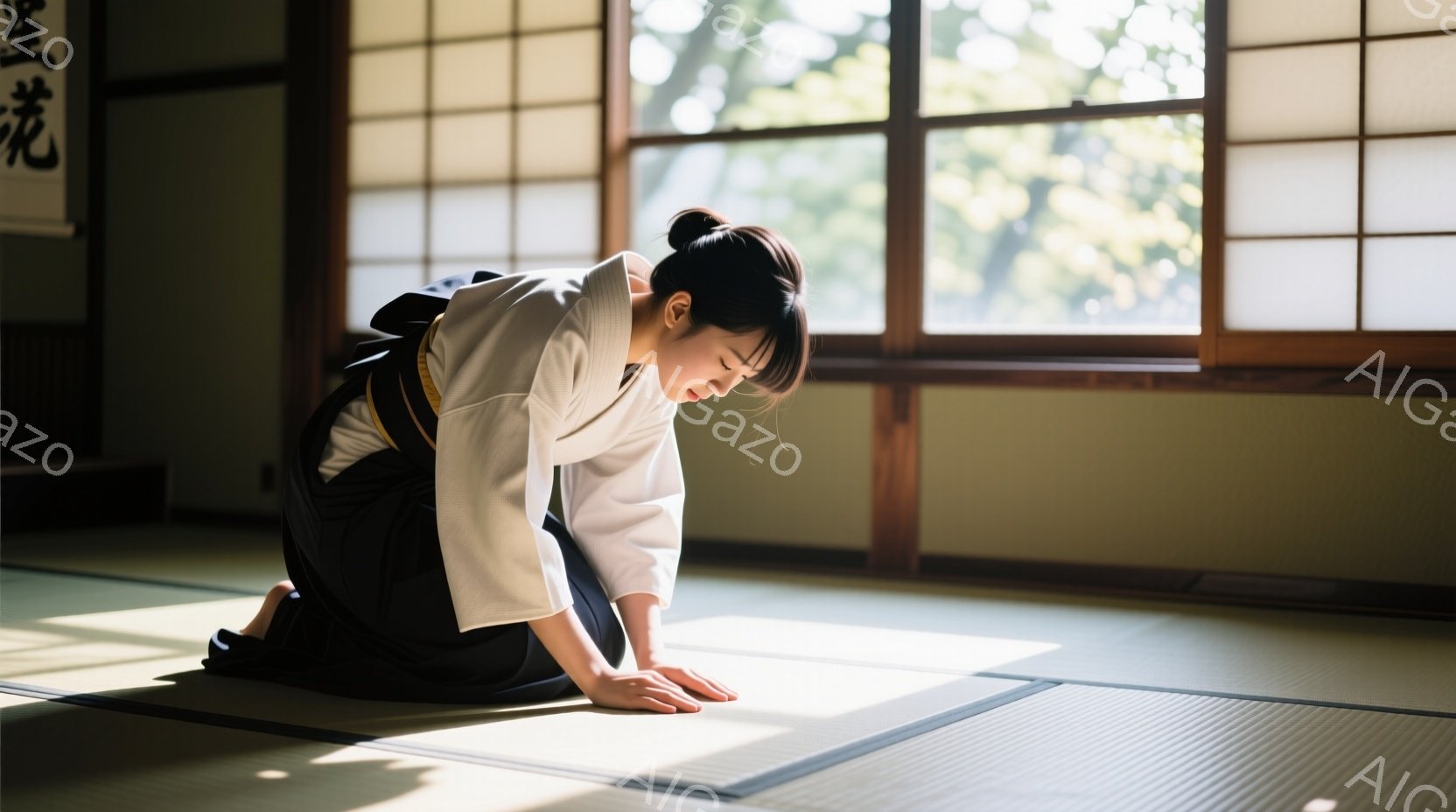 白い柔道着に黒帯を締めた女性が畳の上に正座し、頭を下げて礼をしている。彼女は膝をつき、両手を前に伸ばして床に触れており、真剣な表情をしている。背景には障子窓から差し込む柔らかな光があり、畳の部屋全体が静かで落ち着いた雰囲気になっている。