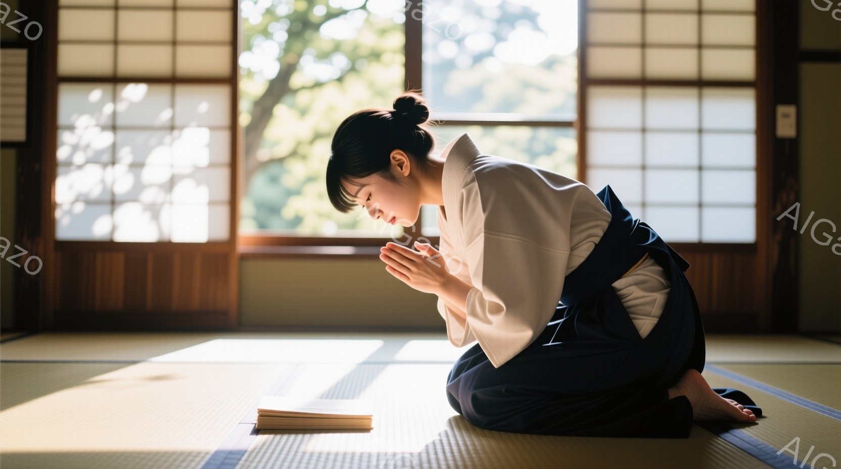 畳の上に跪き、合掌している女性が写っている。白い着物と紺色の帯を身につけ、後ろ髪をまとめている。背景には障子窓から差し込む光があり、穏やかで静謐な雰囲気を醸し出している。