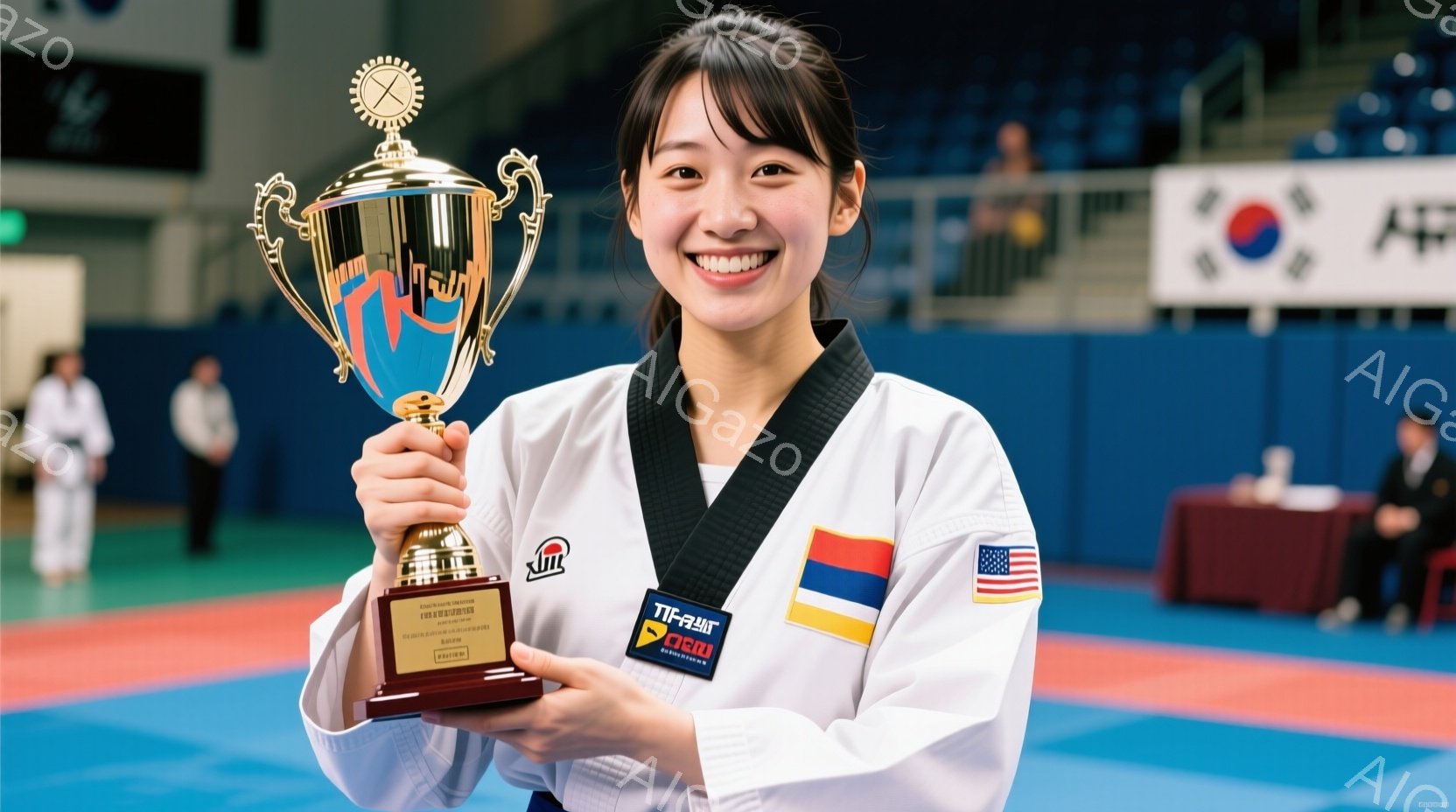 黒帯の空手着を着た若い女性が写っており、満面の笑みを浮かべてトロフィーを高く掲げています。背景には、柔道場のような青いマットと、アメリカと韓国の国旗が見え、競技会の成功を祝う様子が伝わってきます。彼女の姿勢は自信に満ち溢れ、達成感と喜びが溢れる瞬間を捉えています。